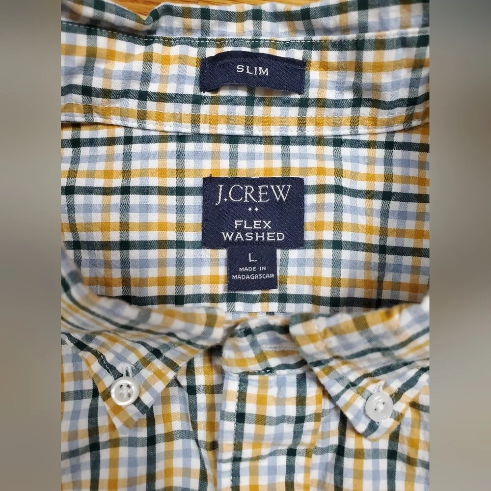 JCrew Flex Washed Green Yellow Plain Button Up Men's Cotton Shirt Size Large